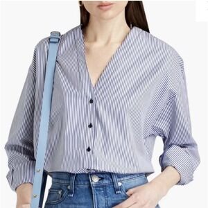 Sandro Jordan Pinstriped Poplin Button Up Shirt V Neck Womens US 2 Career Preppy